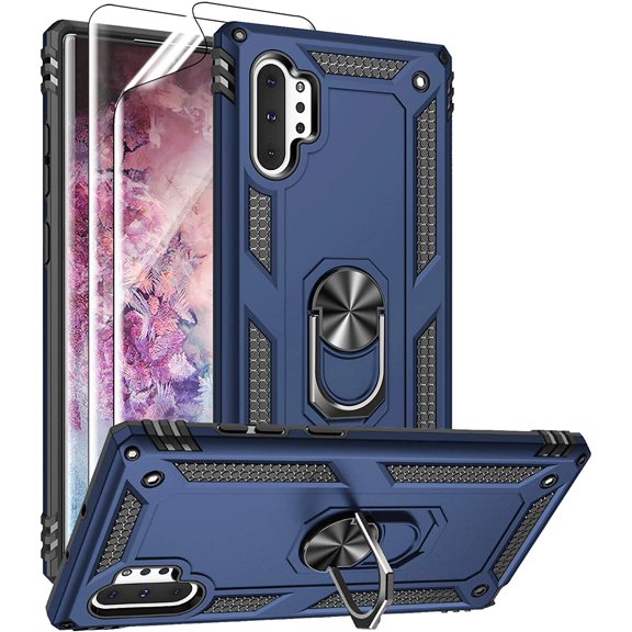 for Samsung Galaxy Note 10 Plus Case, Note10  Case with HD Screen Protectors, Military-Grade Metal Ring Holder Stand Drop Tested Shockproof Cover Case for Samsung Note 10 / 5G Blue