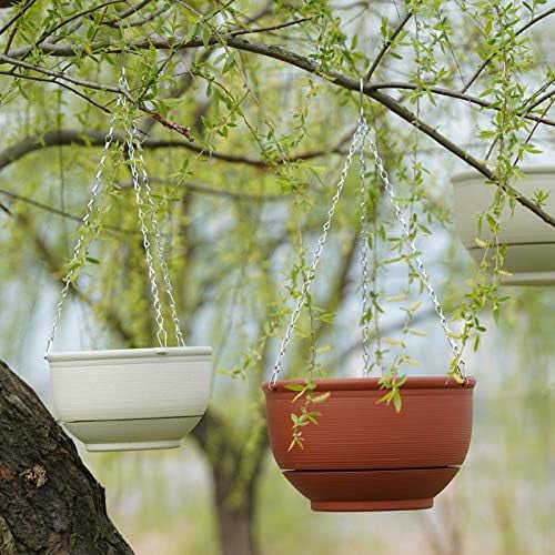 Plastic Hanging Planter Self Watering Basket Flower Pot with Detachable Base for Home Garden Office Decoration, 9.3" Dia Brownish Red