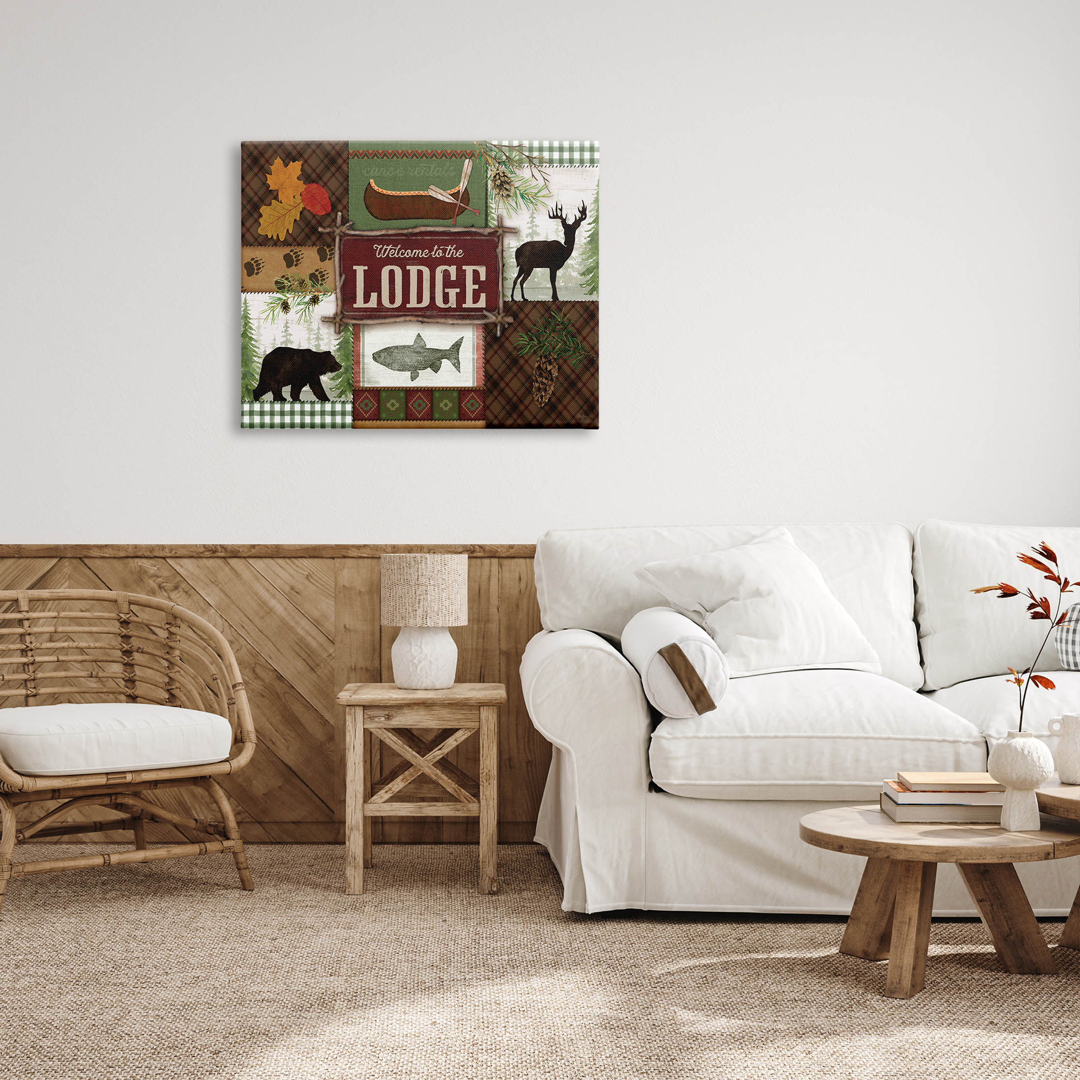 Welcome Lodge Plaid Wildlife Sign Animals & Insects Graphic Art Gallery Wrapped Canvas Print Wall Art