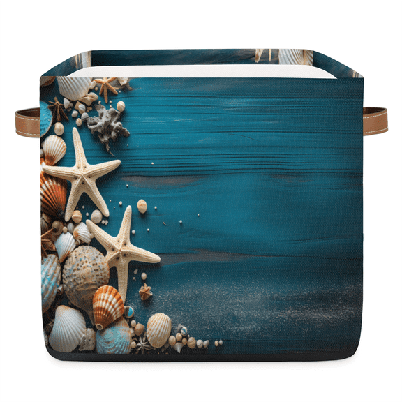 CURLYOOT 13 x 13 Inch Cube Storage Bin, Coastal Seashell Fabric Storage Cube Baskets, Vintage Wooden Closet Shelves Foldable Bins with Leather Handles for Home Organizer