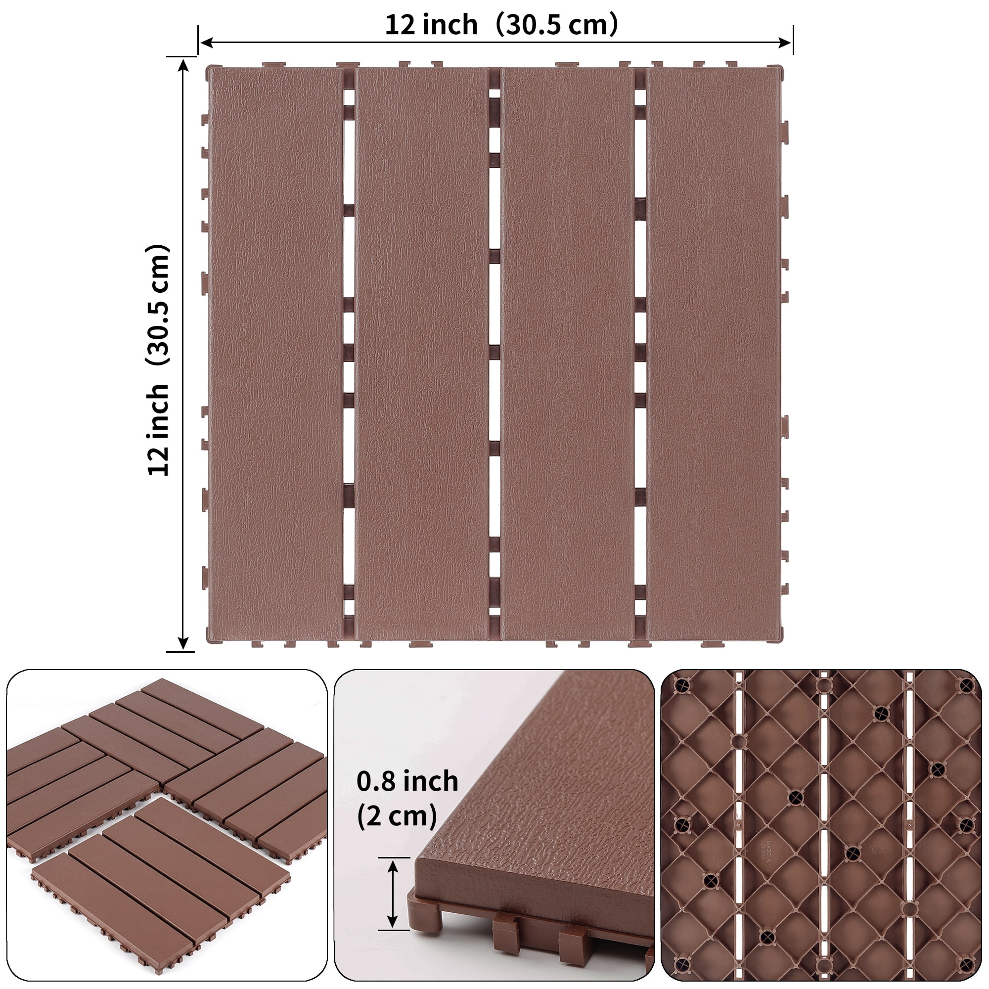 Interlocking Decking Tiles 12x12 in, Waterproof Plastic Flooring for All-Weather Use, DIY Patio Tiles for Backyard Poolside Balcony, Brown, 44pcs