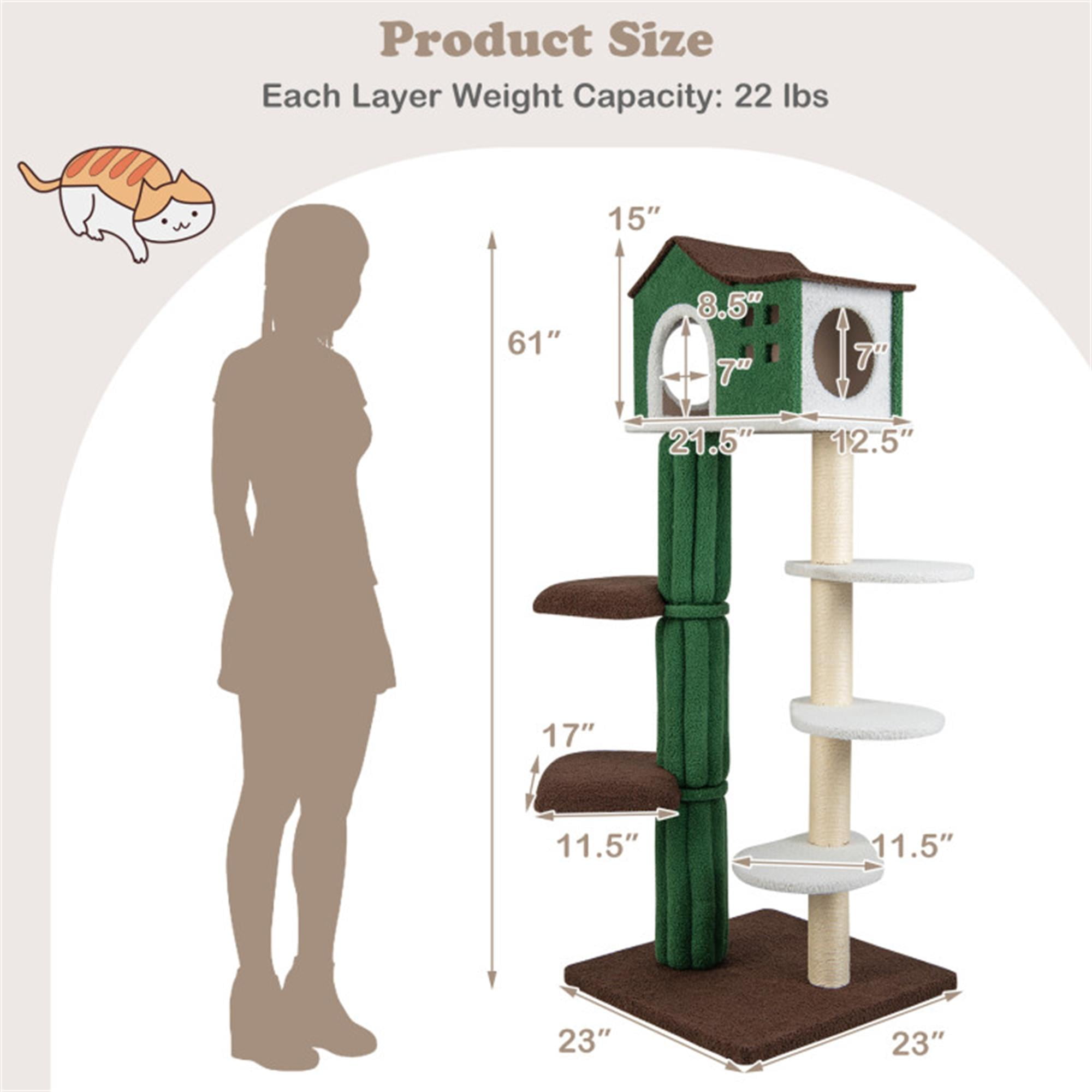 Kadyn 61" Modern Cat Tree Tower for Indoor Cats with Natural Sisal Scratching Posts, Anti-tipping Device, Cat Tree House for Kittens Climb Play, Rest, Green