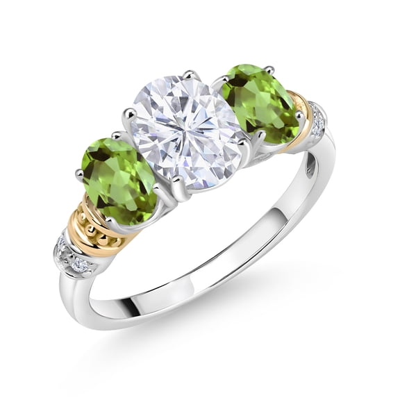 Gem Stone King 925 Sterling Silver and 10K Yellow Gold Oval White Moissanite Green Peridot and White Diamond 3 Stone Ring for Women (2.53 Cttw, Gemstone Birthstone, Size 9)