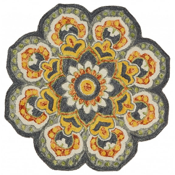 4’ Round Gray and Gold Floret Area Rug