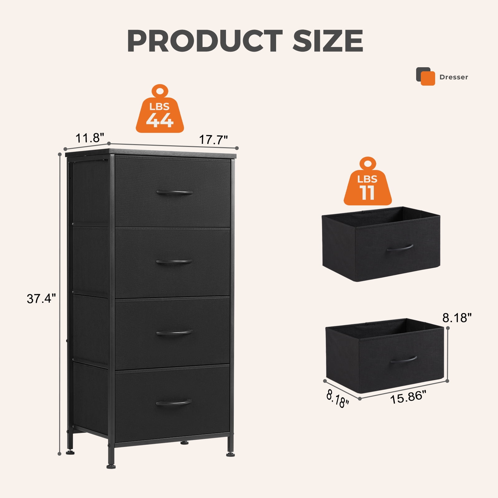 CONCETTA 4-Drawer Fabric Dresser Storage Chest for Bedroom, Closet, Storage Furniture for Adults, Black