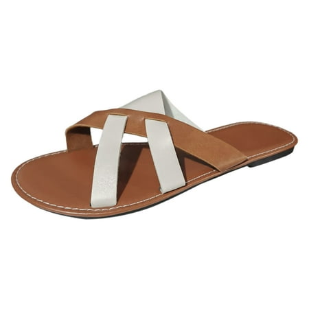 

YUHAOTIN Womens Dress Sandals Wedges Ladies Summer Casual Retro Colour Blocking Beach Non Slip Outside Wear Large Size Soft Leather Flat Sandals Slippers White Sandals Womens Dress Sandals Low Heel