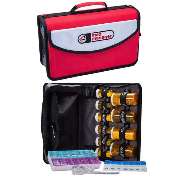 Med Manager Large Medicine Organizer and Portable Medical Binder, Holds (15) Pill Bottles-(11) Standard Size and (4) Large Bottles, Includes Removable 6-Pocket File Folder, Red, 14 x 14 x 4 inches