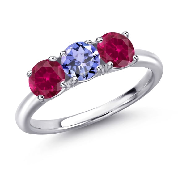 Gem Stone King 925 Sterling Silver Blue Tanzanite and Red Created Ruby Engagement Ring for Women | 1.66 Cttw | Round 5MM | Gemstone December Birthstone | Size 5