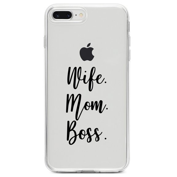 DistinctInk Clear Shockproof Hybrid Case for iPhone 7 PLUS / 8 PLUS (5.5" Screen) TPU Bumper Acrylic Back Tempered Glass Screen Protector - Wife. Mom. Boss.