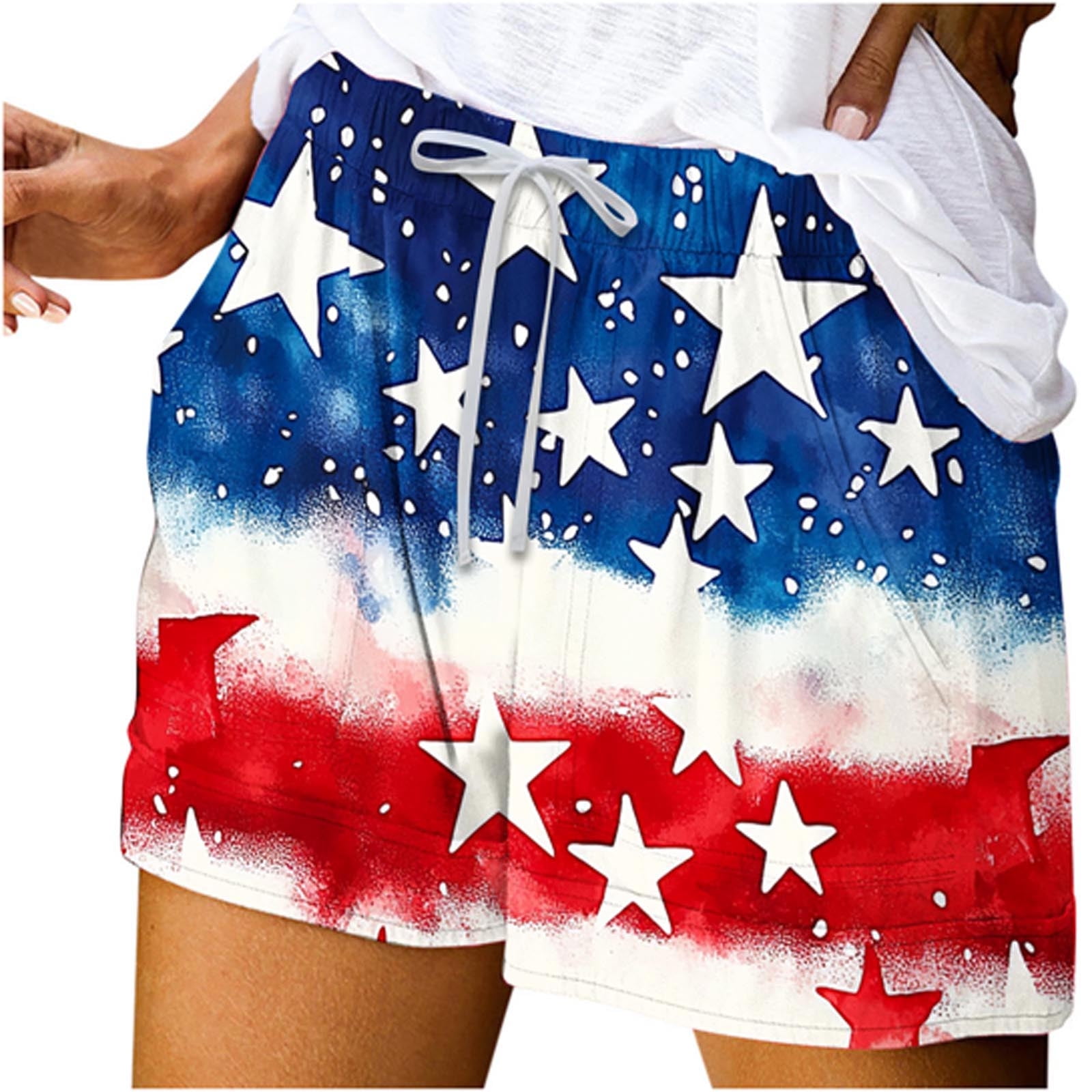 CFLVAEK Red White and Blue Shorts Women July 4th Patriotci Shorts Casual Summer High Waist Drawstring Shorts with Pockets Beach Trendy Shorts L