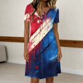 thumbnail image 4 of Women's Independence Day 250 Years Anniversary Patriotic Dress Short Sleeve Button Neck Printed Star Pattern Round Neckline Casual Comfortable Daily Wear USA Flag Summer Dress 4th of July Blue L, 4 of 5