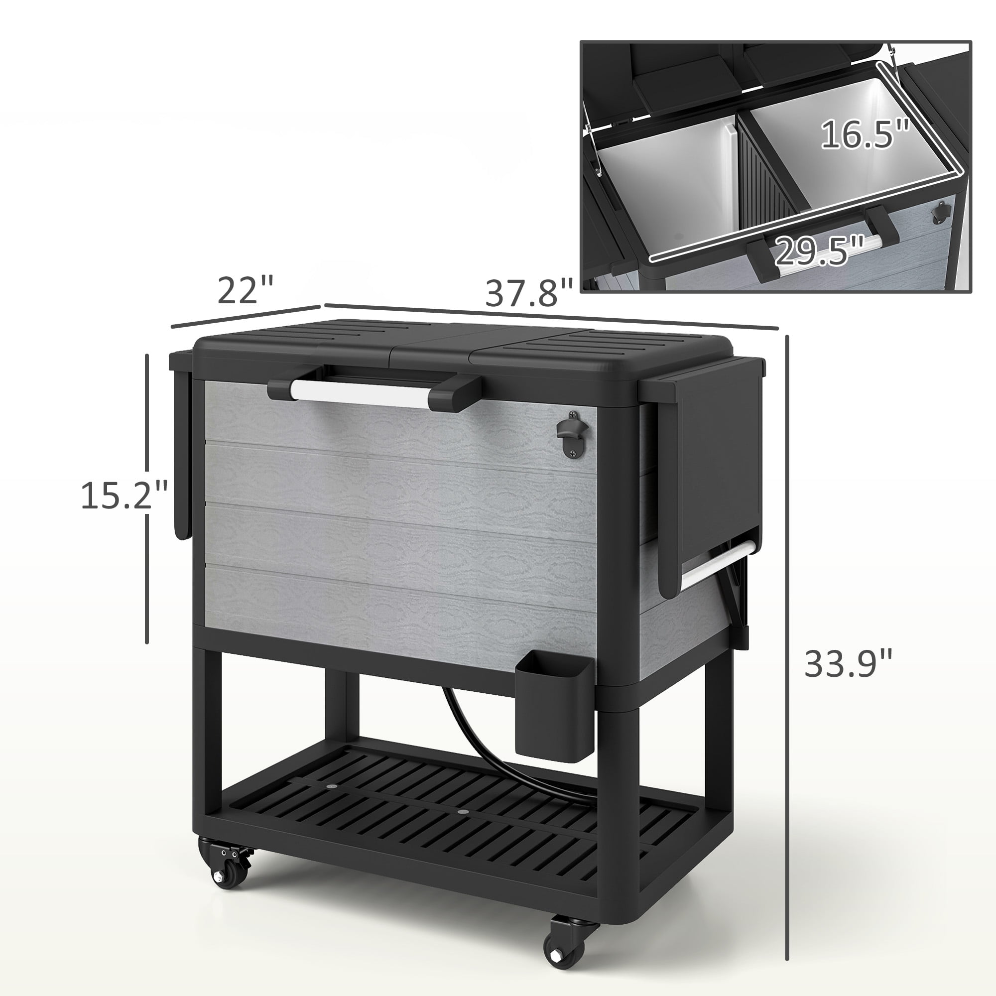 Outsunny 104 Quart Patio Cooler Cart, Outdoor Beverage Rolling Ice Chest with Bottle Opener and Shelves for Pool Deck BBQ Cookouts Party, Gray