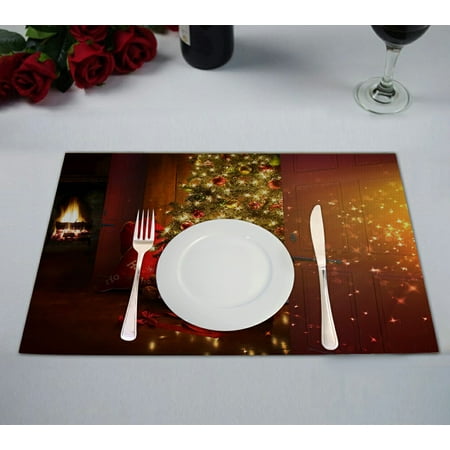 

ABPHQTO Christmas Scene With Tree Gifts And Fire Table Placemat Food Mat 12x18 Inch Pack of 2