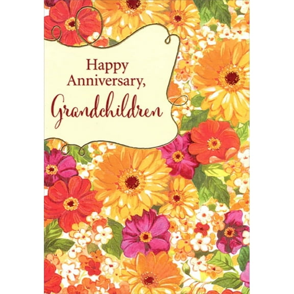 Designer Greetings Colorful Flowers, Thin Swirling Foil Border Wedding Anniversary Congratulations Card for Grandchildren