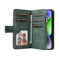 thumbnail image 2 of Multifunctional Case for iPhone 15,[RFID Blocking] 9 Credit Cards Holder with Wrist Strap, Premium PU Leather Zipper Wallet Purse Magnetic Flip Phone Cover For iPhone 15, Green, 2 of 12