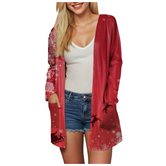 WUANDIXFA Cardigan à Manches Longues pour Femmes, Chandails pour Femmes, Cardigan à Imprimé de Noël avec Poches, Cardigan à Manches Longues Longueur Midi, Cardigan Décontracté, Rouge Brique, TG