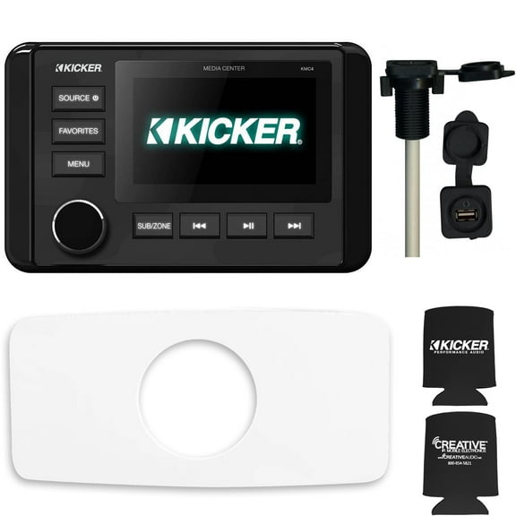 Kicker KMC4 Waterproof Radio With Stinger SEADASH3W Universal Marine 3" Radio Dash Kit - White, And SMRAUXUSB3 Usb/Aux
