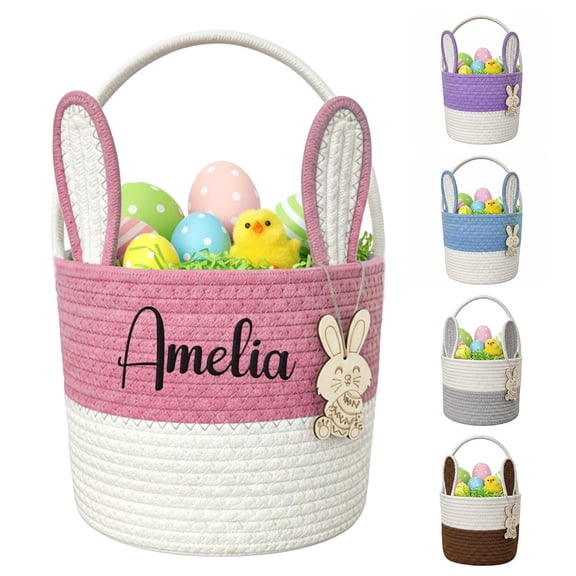 Easter bunny basket, children's Easter egg treasure bucket, cute bunny storage basket with wooden tags, Easter gift for boys and girls(1PC,Pink)