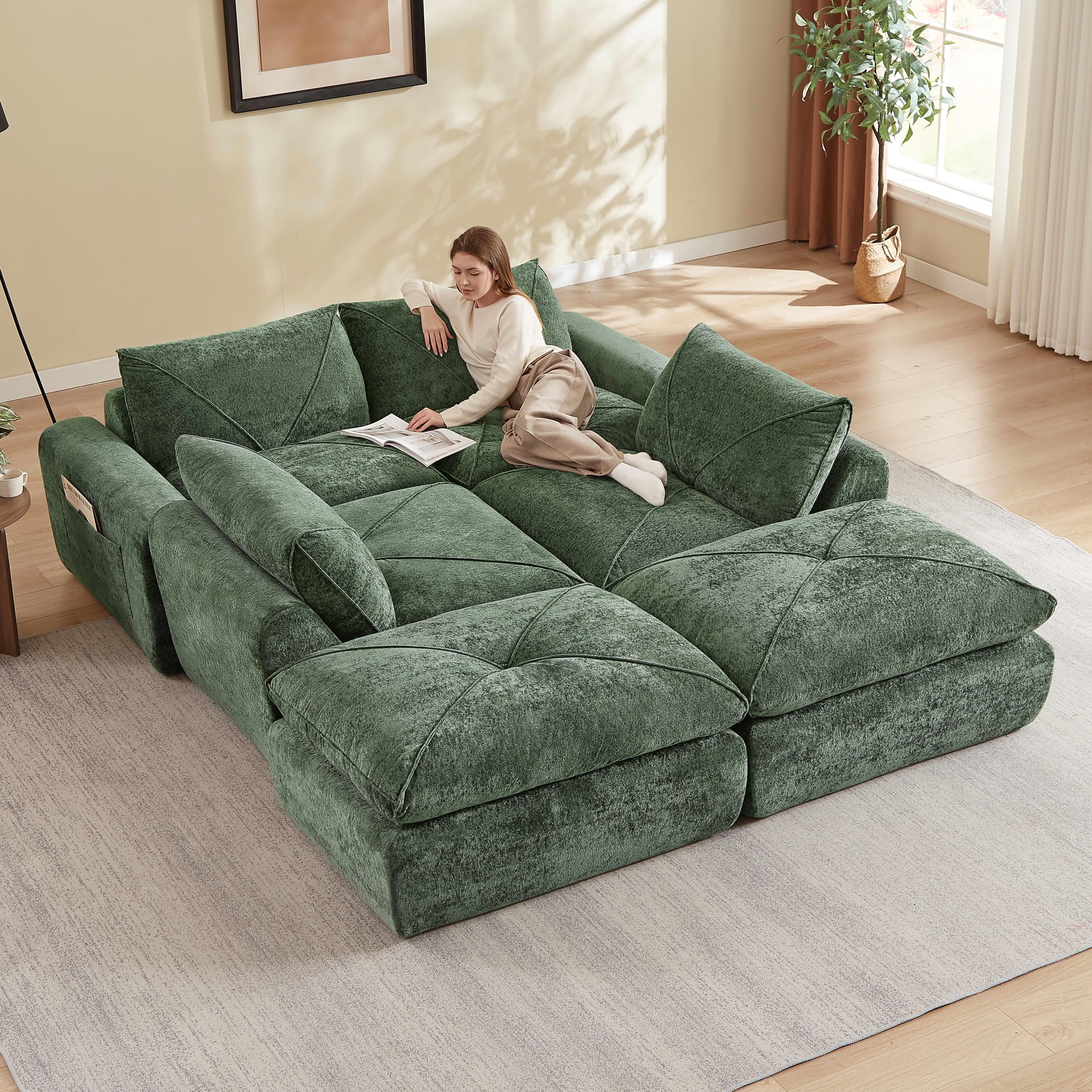 MAYEERTY 153" Green Chenille Oversized U-Shaped Modular Sectional Sofa, 300lbs Spring Support for Living Room