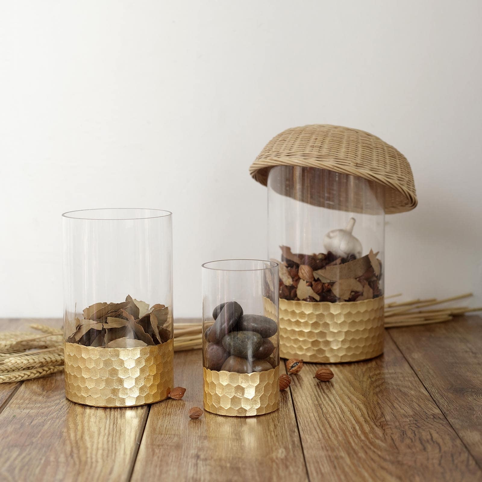 Efavormart Set of 3 Glass Cylinder Vases with Gold Base Glass Candle Holders 6" 8