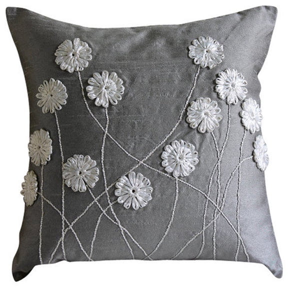Pillow Cover, Pillowcase&nbsp;With Zipper, Luxury Grey Shams, Ribbon Flower Pillow Shams, 24x24 inch (60x60 cm) Pillow Shams, Square Silk Shams, Contemporary Style - Floral Whispers