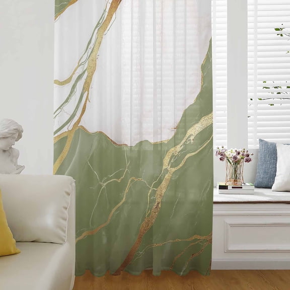 Sage Green Marble Semi Sheer Curtains Drapes for Living Room, Bedroom, French Doors Window 72 Inches Long, Nature Marble Crack Yellow Lines Rod Pocket Chiffon Curtain Drapery Voile Draperies Panel