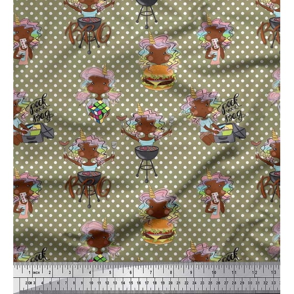 Soimoi Poly Georgette Fabric Dot,Text & Unicorn Girl Cartoon Print Fabric by The Yard 42 Inch Wide