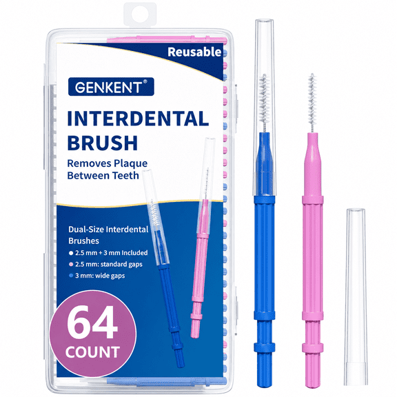GENKENT Interdental Brush for Adults & Teens, 64 Count Reusable Interdental Brushes Between Teeth for Teeth Cleaning & Plaque Removal, Safe for Braces & Dental Devices, (2.5mm 3mm)
