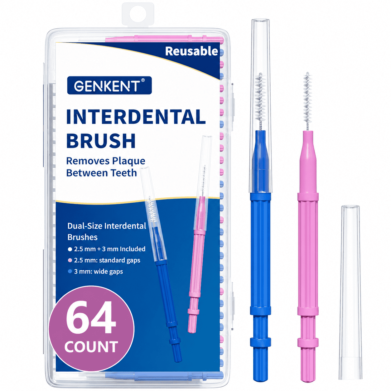 GENKENT Interdental Brush for Adults & Teens, 64 Count Reusable Interdental Brushes Between Teeth for Teeth Cleaning & Plaque Removal, Safe for Braces & Dental Devices, (2.5mm+3mm)