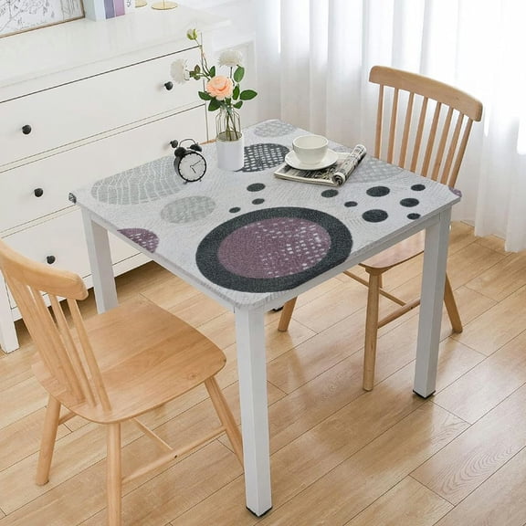 HAOXIT Vinyl Table Cover Elastic Edged Abstract Circles Dots Tablecloths Heavy Duty Fitted for Square Table Waterproof Oil-Proof Wipeable PVC Table Cloth 44''x44''