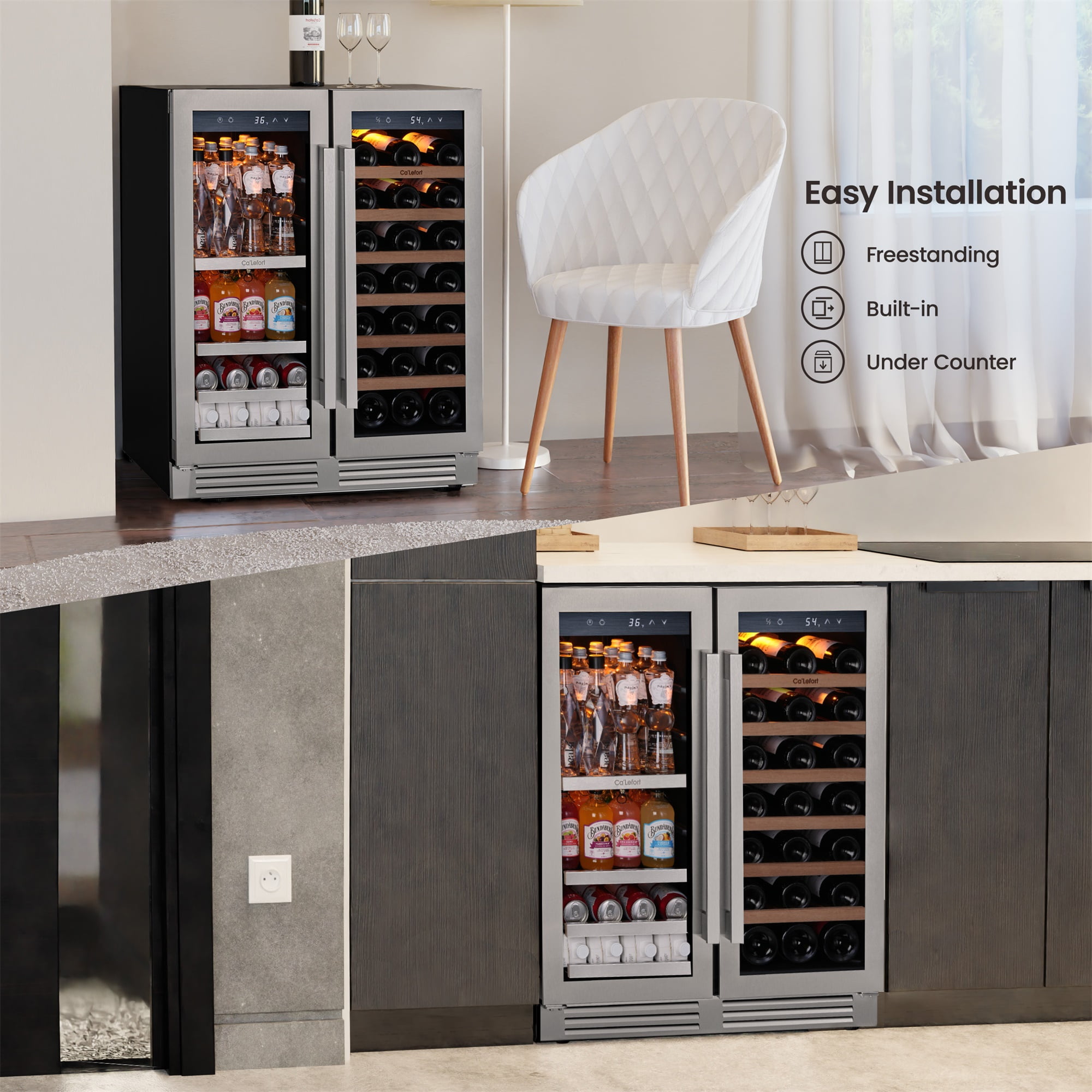 Ca'Lefort 30 inch Wine Beverage Refrigerator, Hold 80 Cans and 33 Bottles Dual Zone Wine Fridge with Stainless Steel French Door for Home