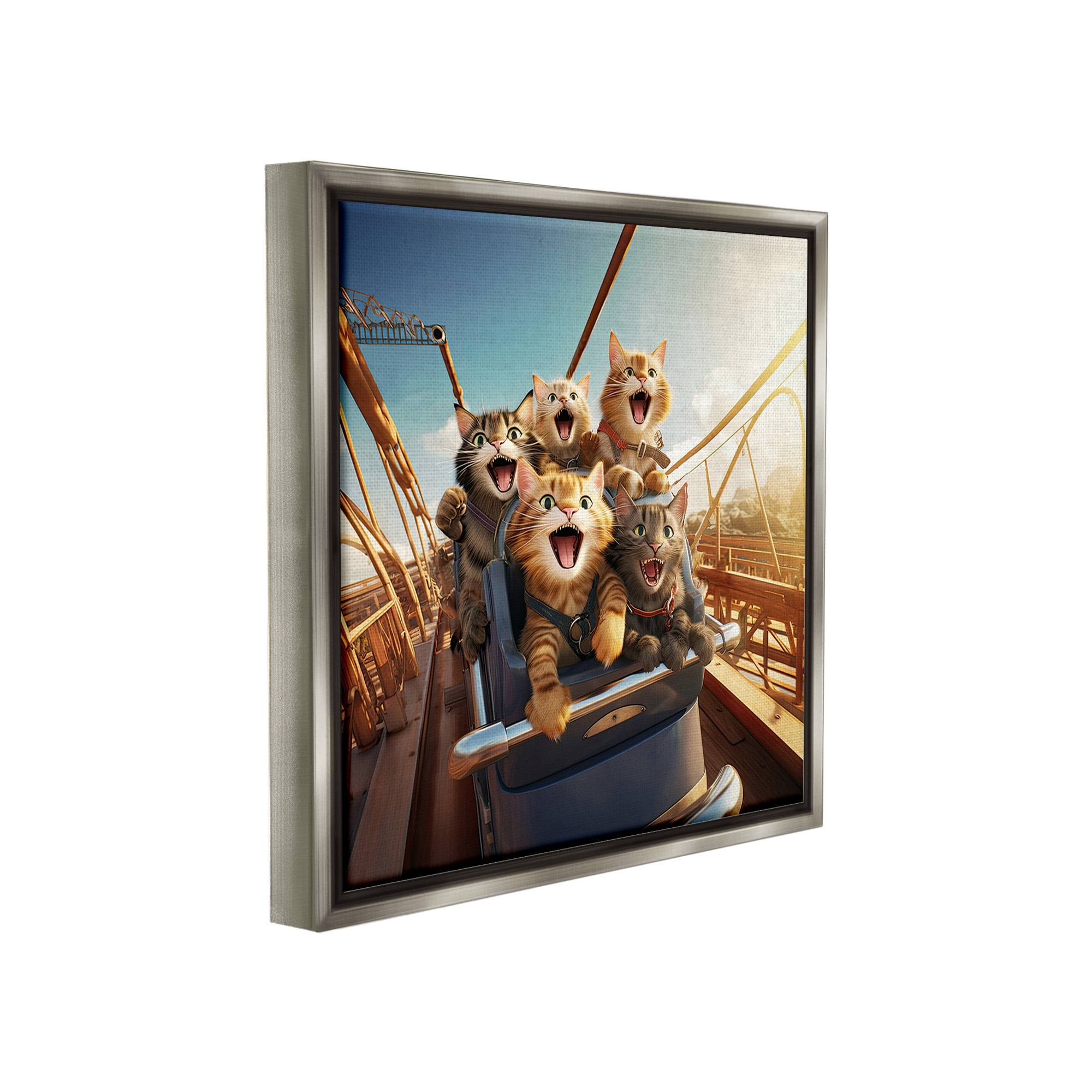 Stupell Industries Cats on Rollercoaster Animals & Insects Painting Gray Floater Framed Canvas Art Print Wall Art, 25 x 25
