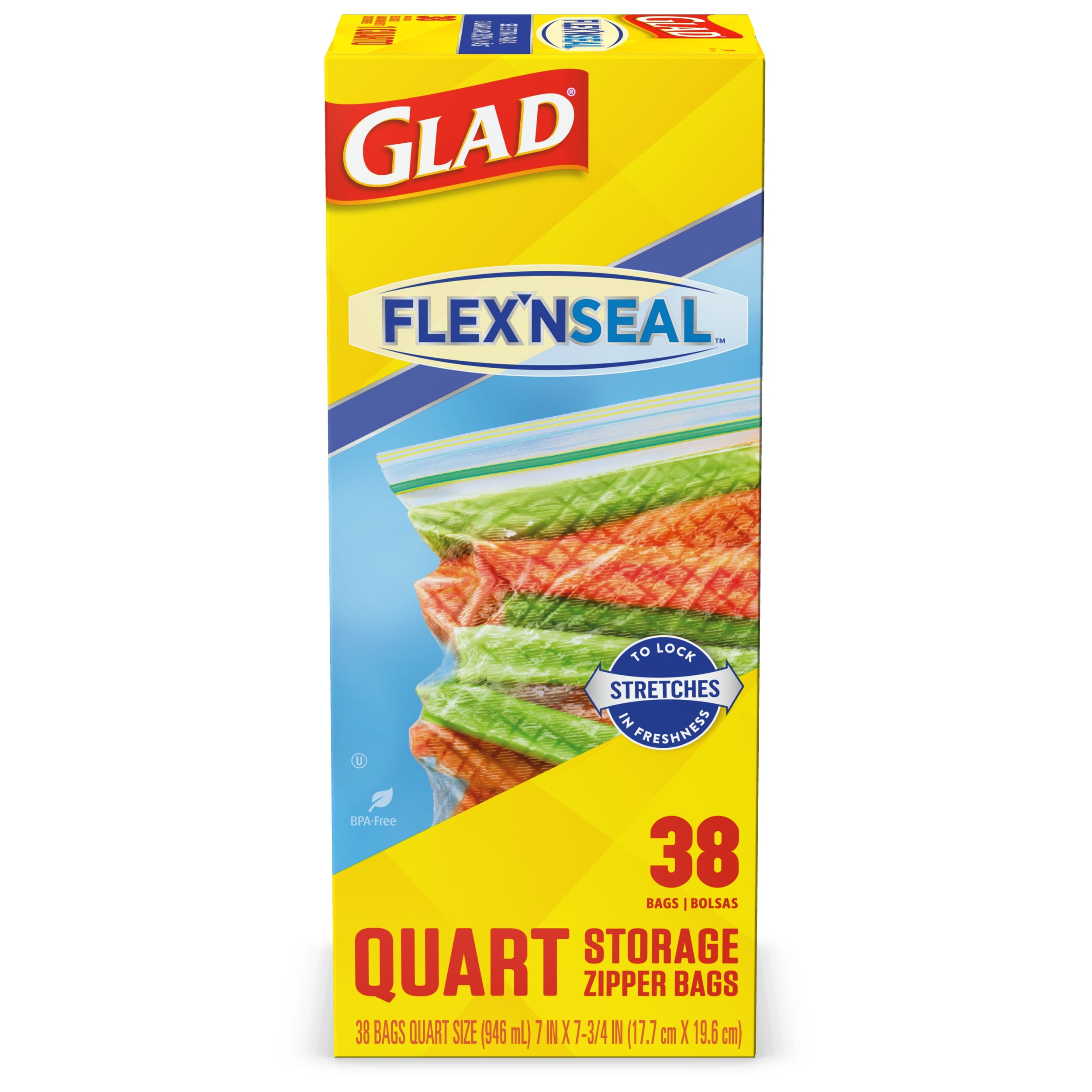 Glad Flex'nSeal Quart Storage Zipper Bags, 38 count