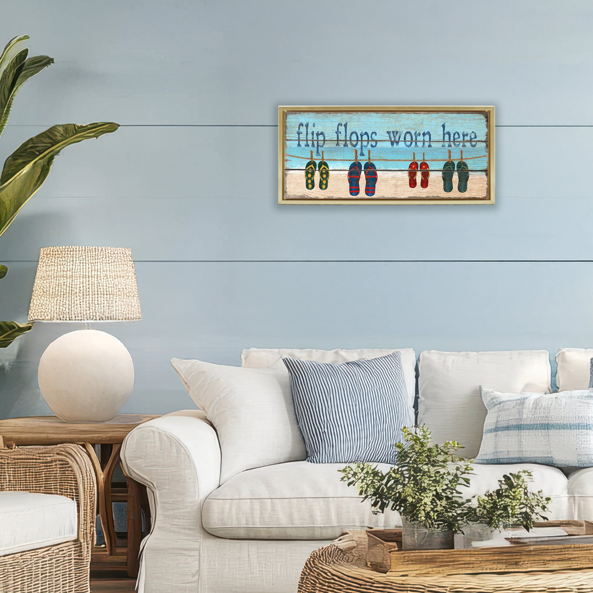 Stupell Industries Flip Flops Worn Here Gold Framed Floater Canvas Wall Art, design by Gail Fraser