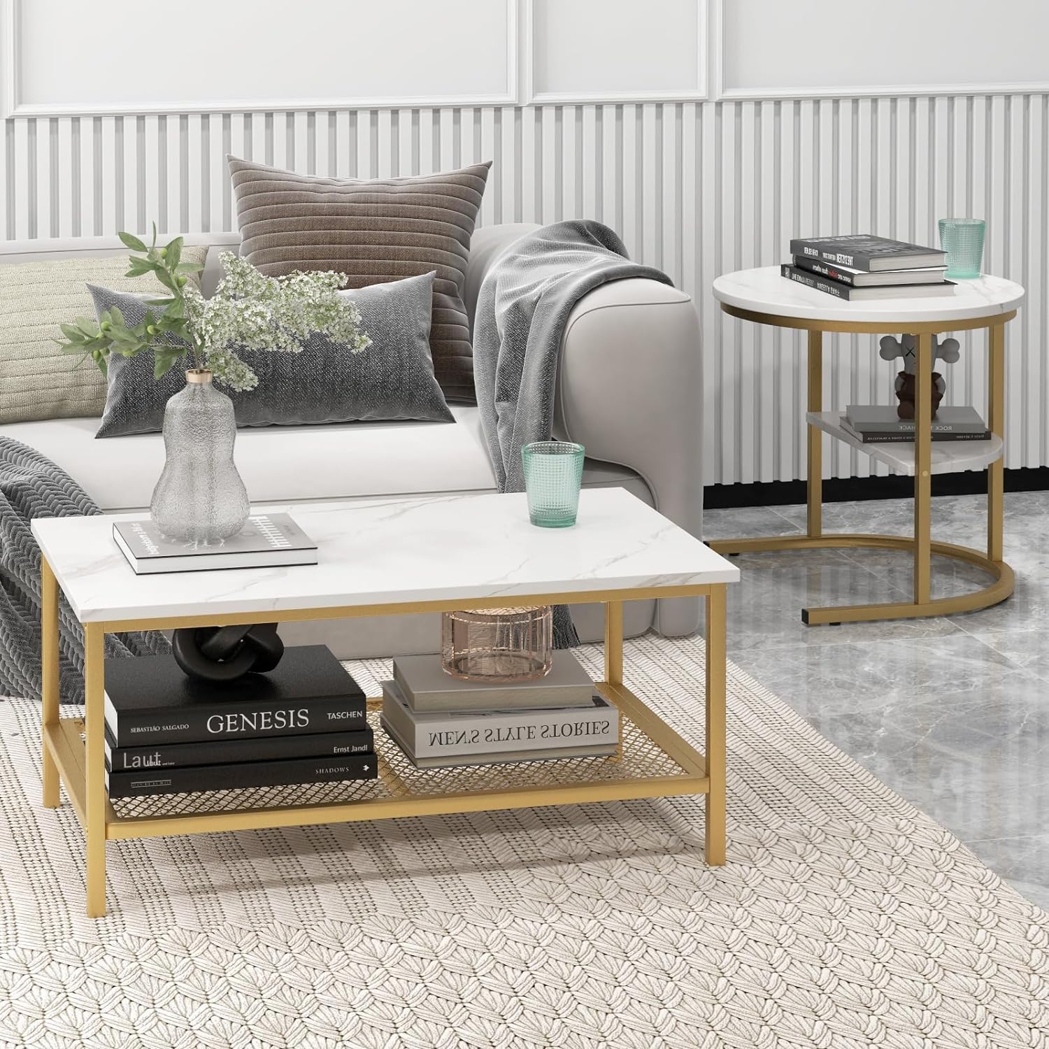 2 in 1 Nesting Coffee Table Modern Faux Marble Top Detachable Open Storage Shelf ,Home ,Office ,Gold & White