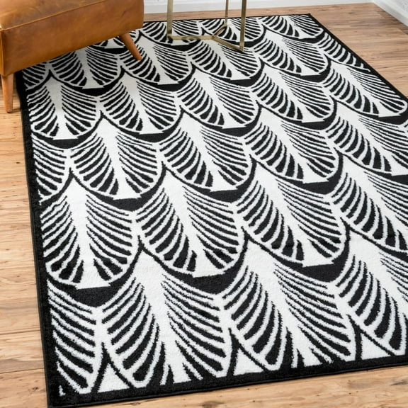 Unique Loom Metro Collection Area Rug - Feathers (7' 10" x 10' Rectangle Black/Ivory)
