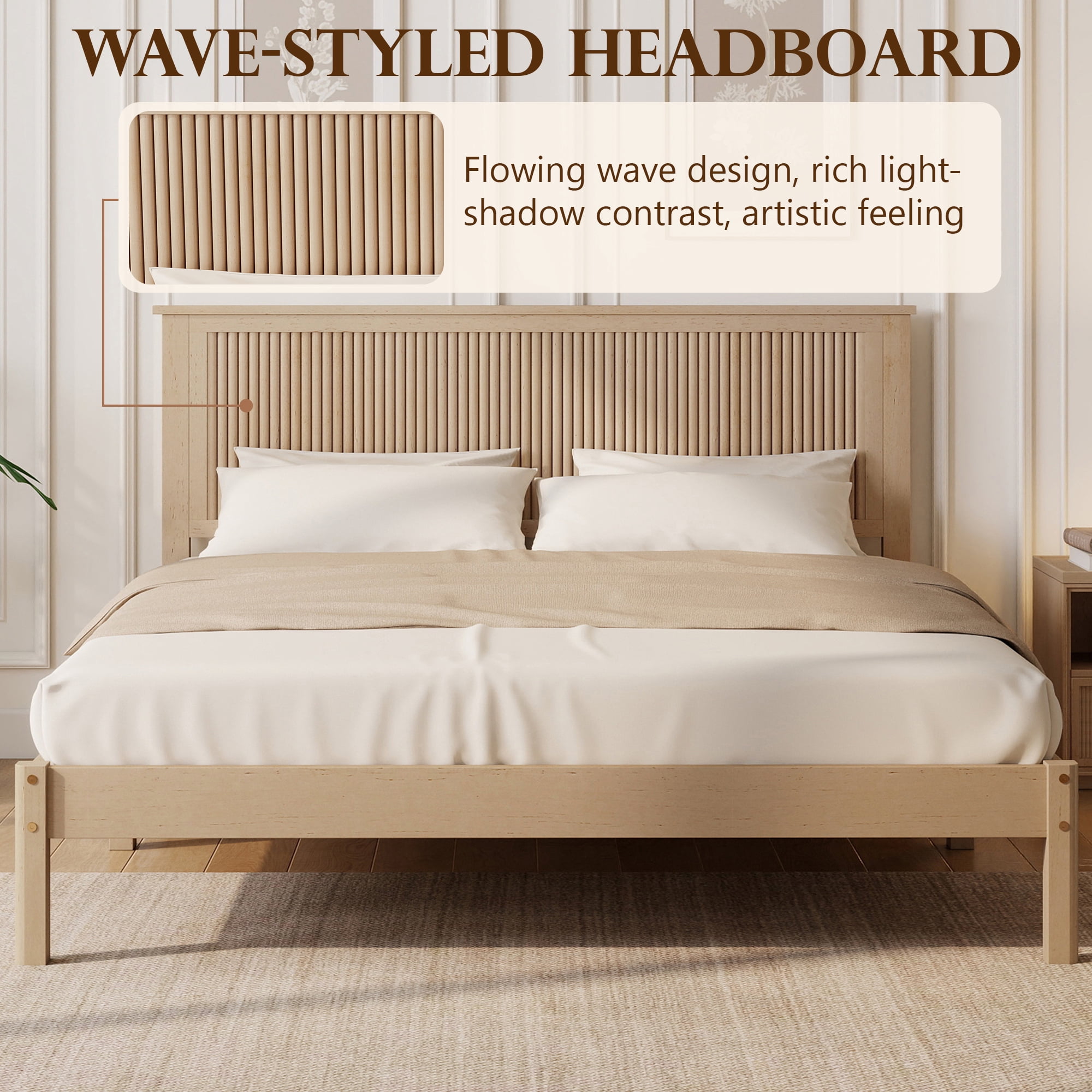 Miniyam Queen Size Wooden Platform Bed Frame with Headboard, Fluted Wave Design, Natural