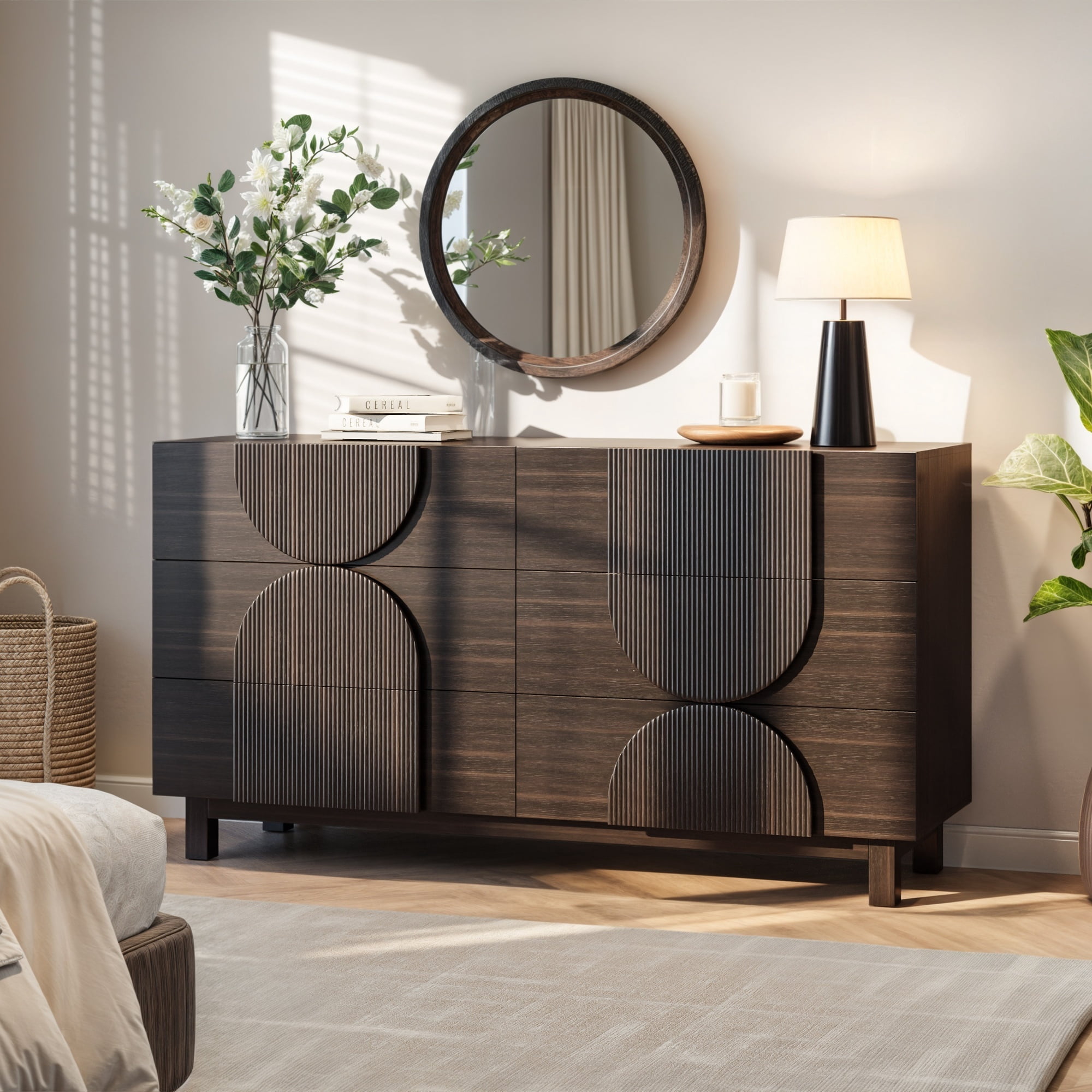 Alvantor 6 Drawer Dresser, 60" Wide Wooden Chest of Drawers, Fluted Dresser for Bedroom,Living Room, Hallway Dark Brown