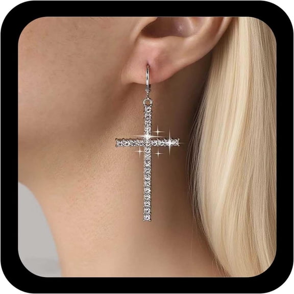 Punk Crystal Cross Hoop Earrings Rhinestone Cross Dangle Earrings Silver Cz Crucifix Huggie Earring Religious Crucifix Earring Protection Jewelry for Women(Style1)