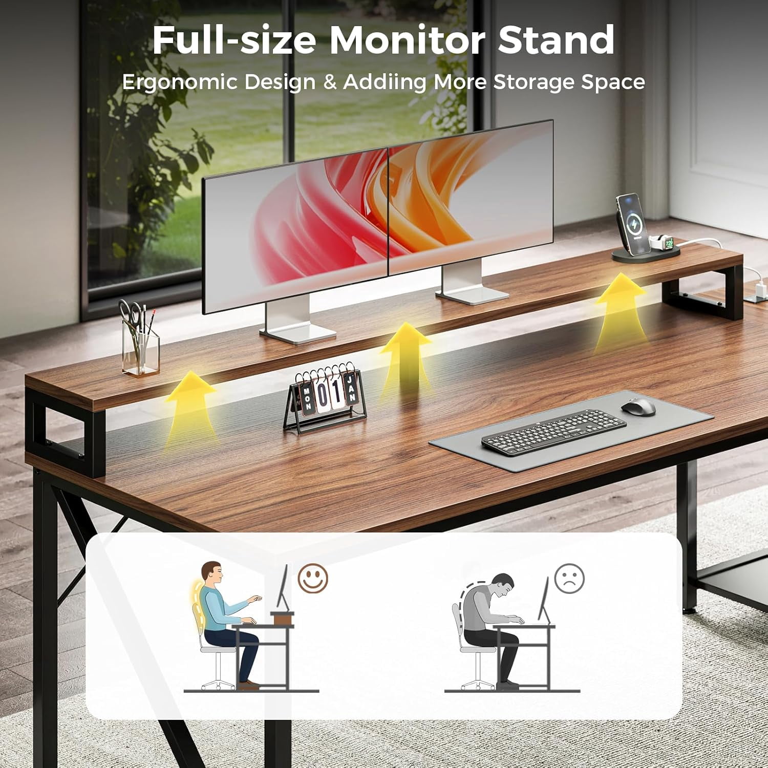 AODK 61 Inch L Shaped Desk with Drawers & lockable File Cabinet, Farmhouse Executive Office Desk with Led Lights & Power Outlet, Computer Desk with Storage Shelves,Monitor Stand and CPU Stand, Walnut