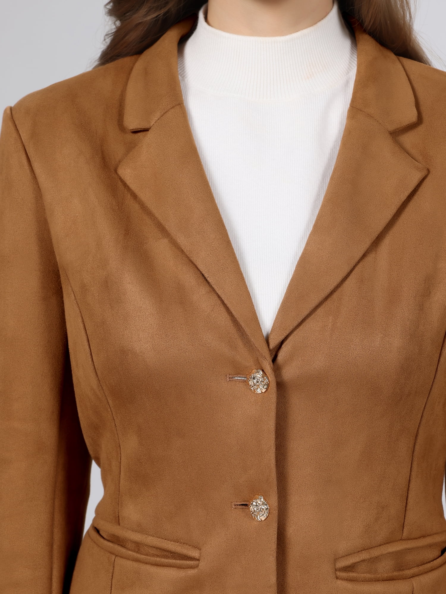 DARING DIVA Women's Faux Suede Blazer Lapel Collar Long Sleeve Jacket S Brown