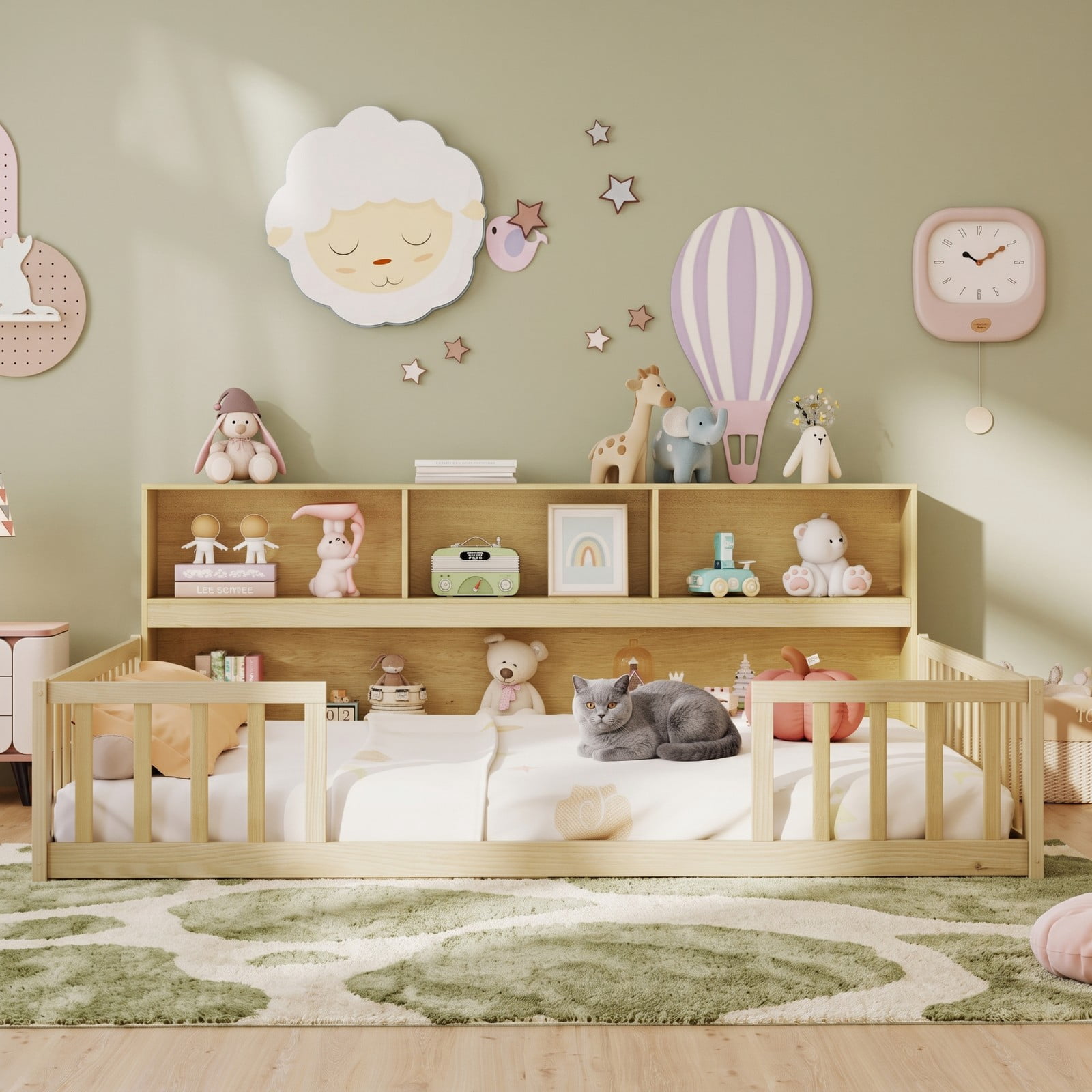 Furnibear Full Size Montessori Floor Bed Frame with Bookcase Headboard and Full Length Fence Rails, House Bed for Kids Bedroom, Natural