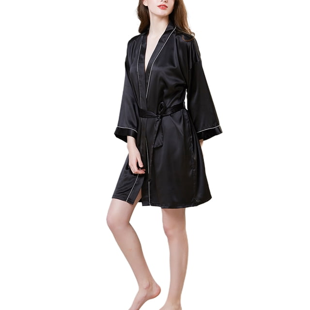 Camisón negro de seda de manga larga con cinturón ajustable y sexy para mujer - Talla L