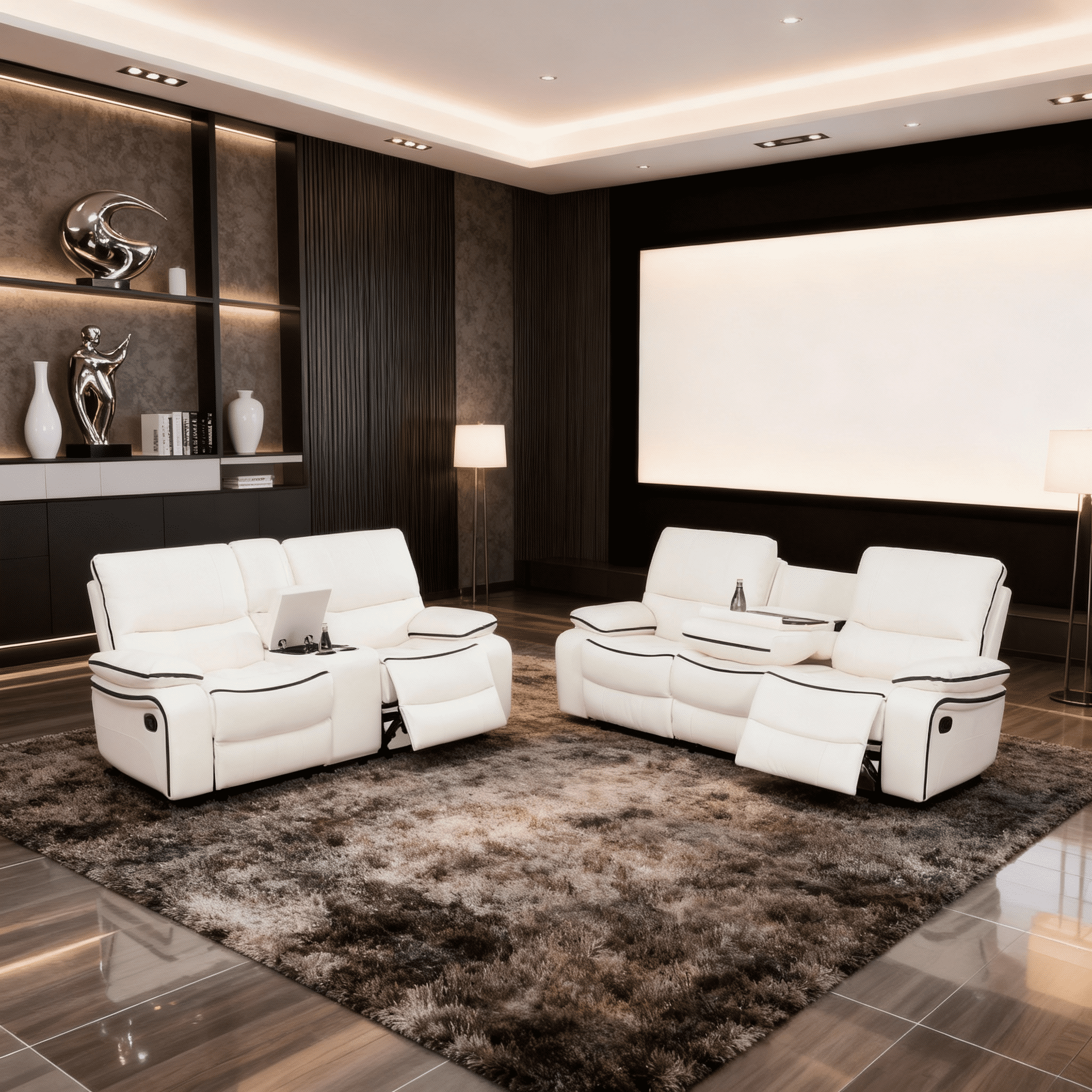 Gewnee 2-Piece Living Room Recliner Sofa Set with Console & Cup Holders, Air Leather, Solid Wood Frame & Double-Layer Springs, Off-white