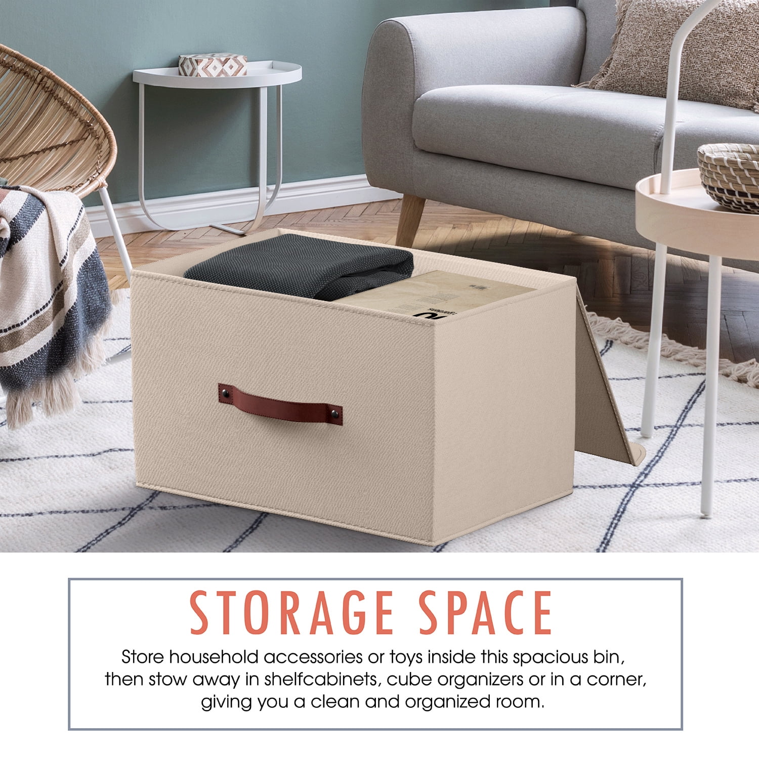 Ornavo Home Foldable Collapsible Large Storage Box Bins Linen Fabric Shelf Basket Cube Organizer with Leather Handles and Lid - Set of 6 - 15 x 10 x 9