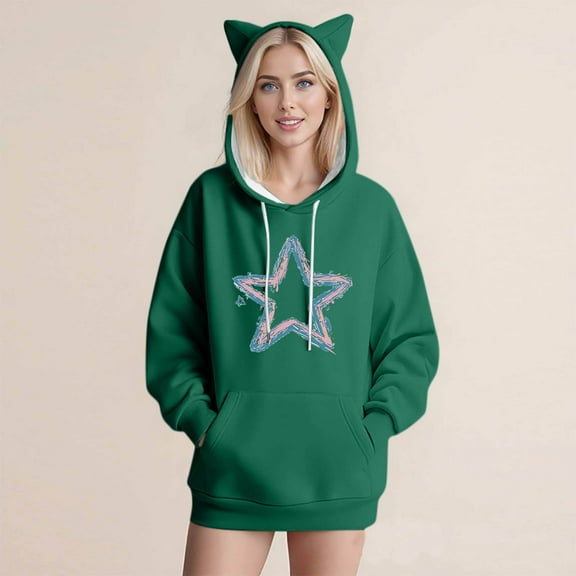 Sakmal Womens Hooded Sweatshirts Green Cute Sweatshirts Comfy Stars Print Hoodies with Pockets