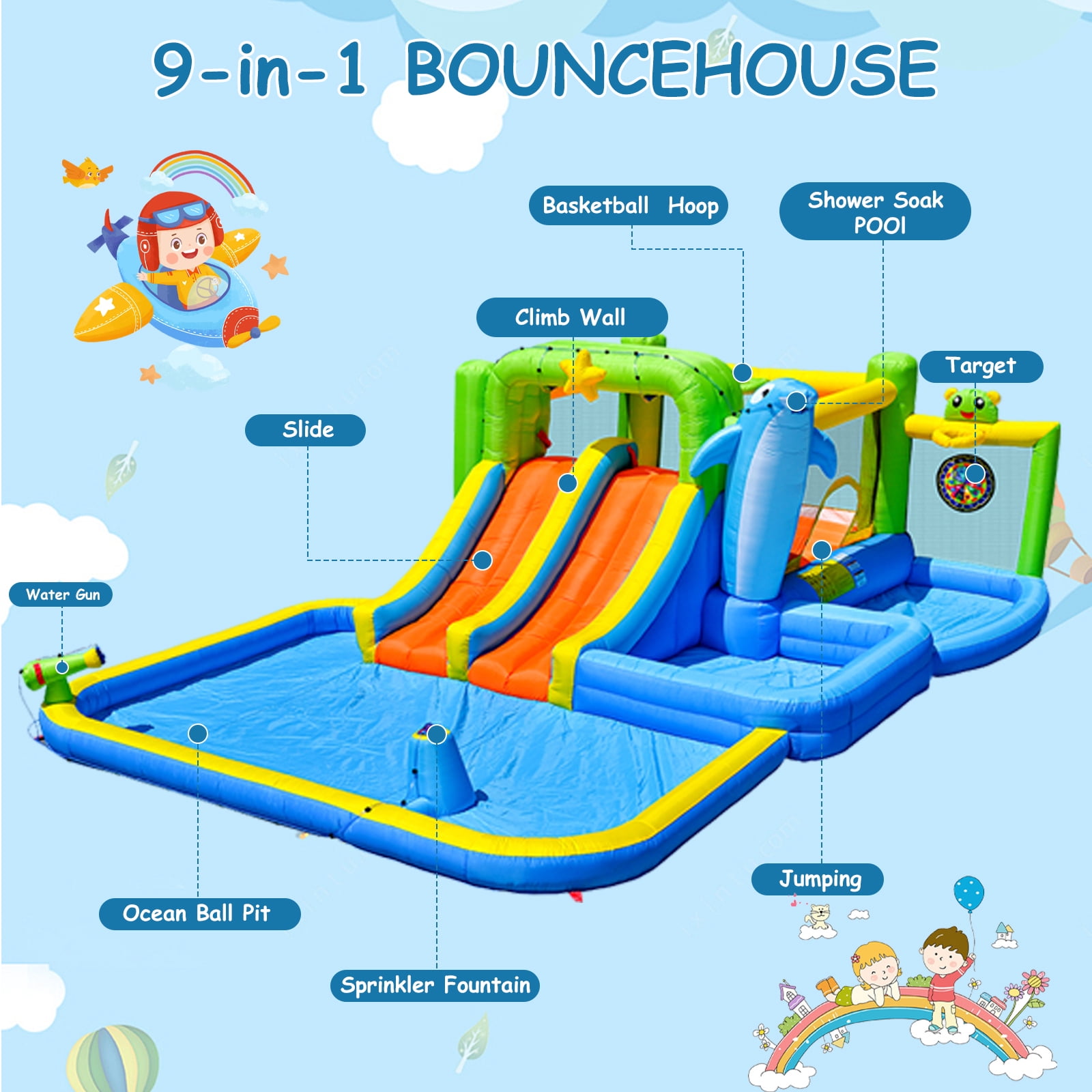 Inflatable Water Park, 9 in 1 Inflatable Bounce House, Water Slide with Blower Shower Soak Pool Sprinkler Fountain Water Gun Target