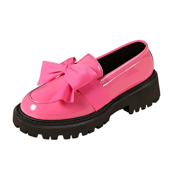 Bow Loafers for Women Patent Leather Chunky Heel Dress Shoes Elegant Round Toe Platform Non Slip Lug Sole Walking Shoe Pink Size 8.5