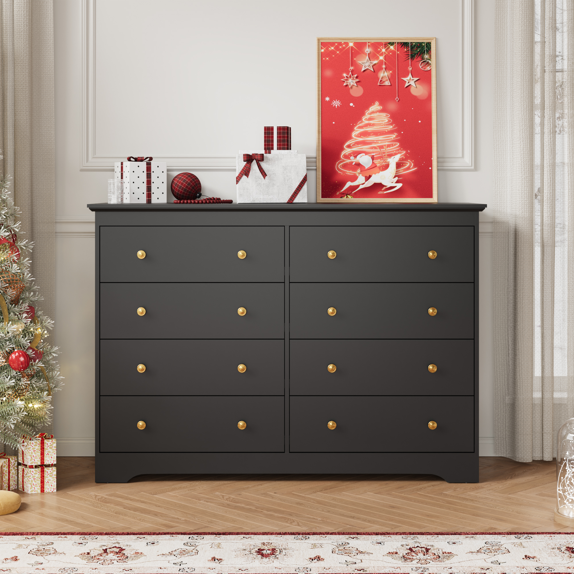 YouTrend 55.1" Wide Dresser for Bedroom, 8 Drawer Dresser with Large Drawers, Dresser for TVs Up to 65",Black