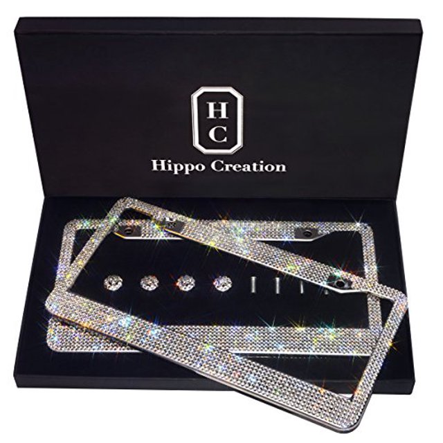2 Pack Luxury Handcrafted Bling White Rhinestone Premium Stainless Steel License Plate Frame with GiftBox | Over 1000 pcs Finest 14 Facets SS20 Clear White Rhinestone Crystal | Anti-Theft Screw Cap